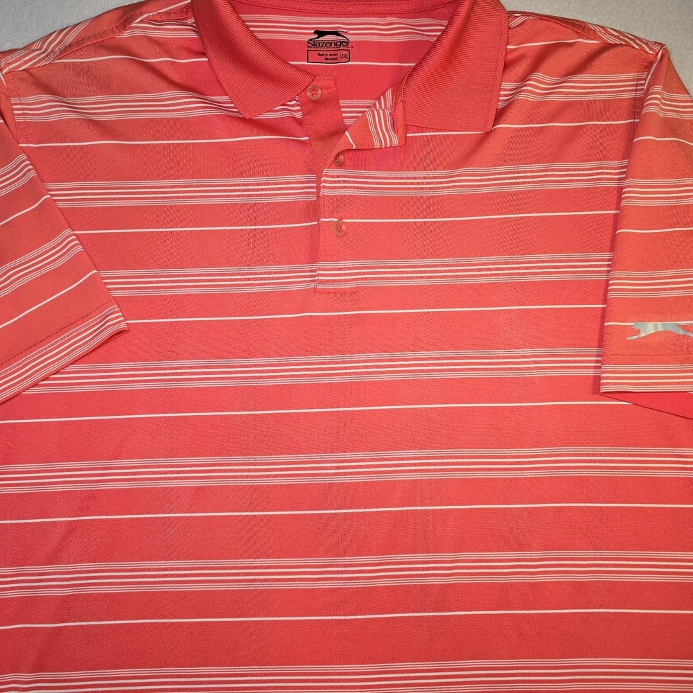 Slazenger Mens Golf Polo Shirt‎ XXL Coral Pink Striped Performance Moisture...